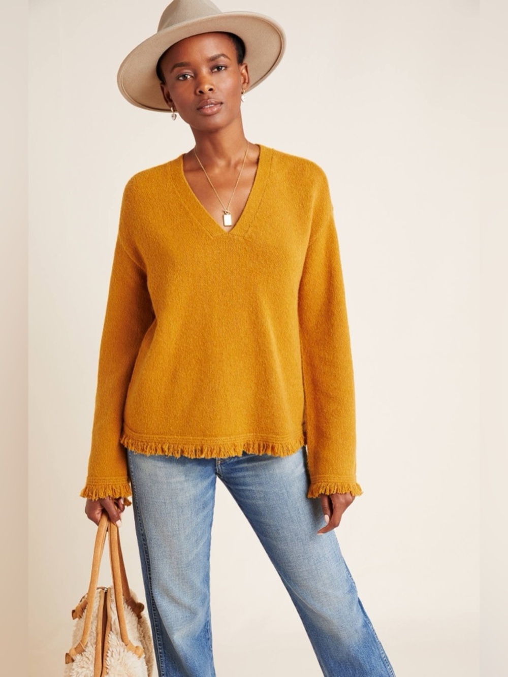 Anthropologie Joy Fringed V-Neck Sweater